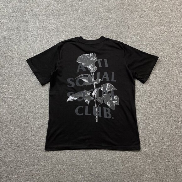 Anti Social Social Club Black T Shirt With Black Rose Print